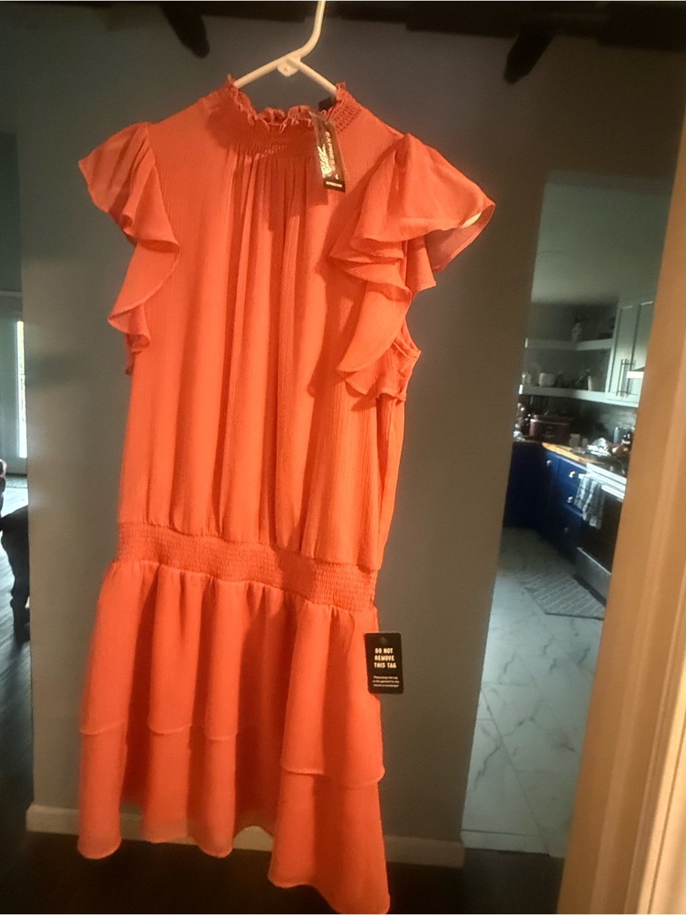Express Coral Peasant Blouse with Smocked Neckline